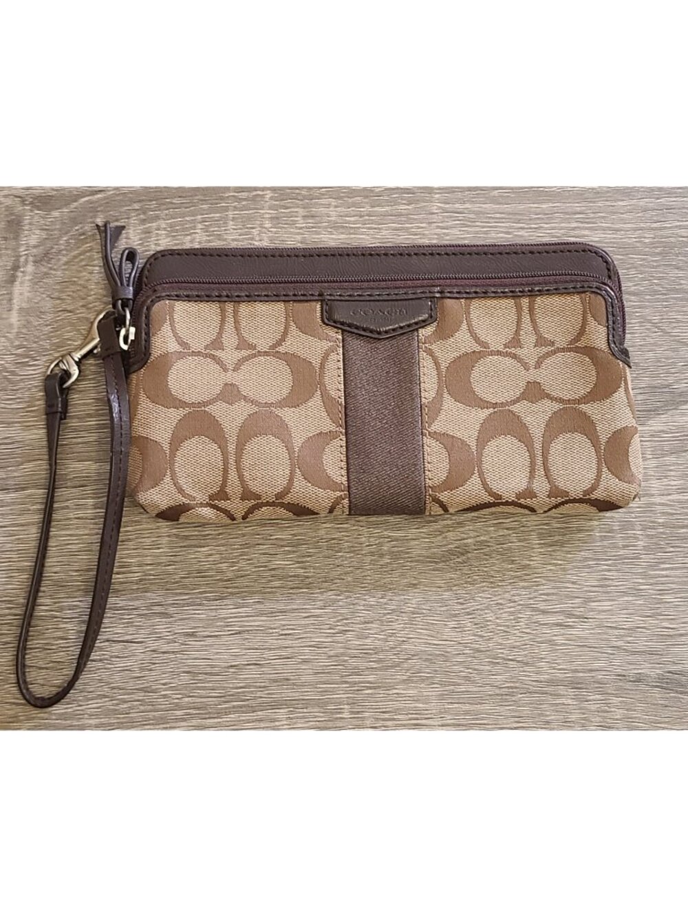 COACH Vintage Mahogany Signature Canvas Double Zip Wristlet Wallet Checkbook